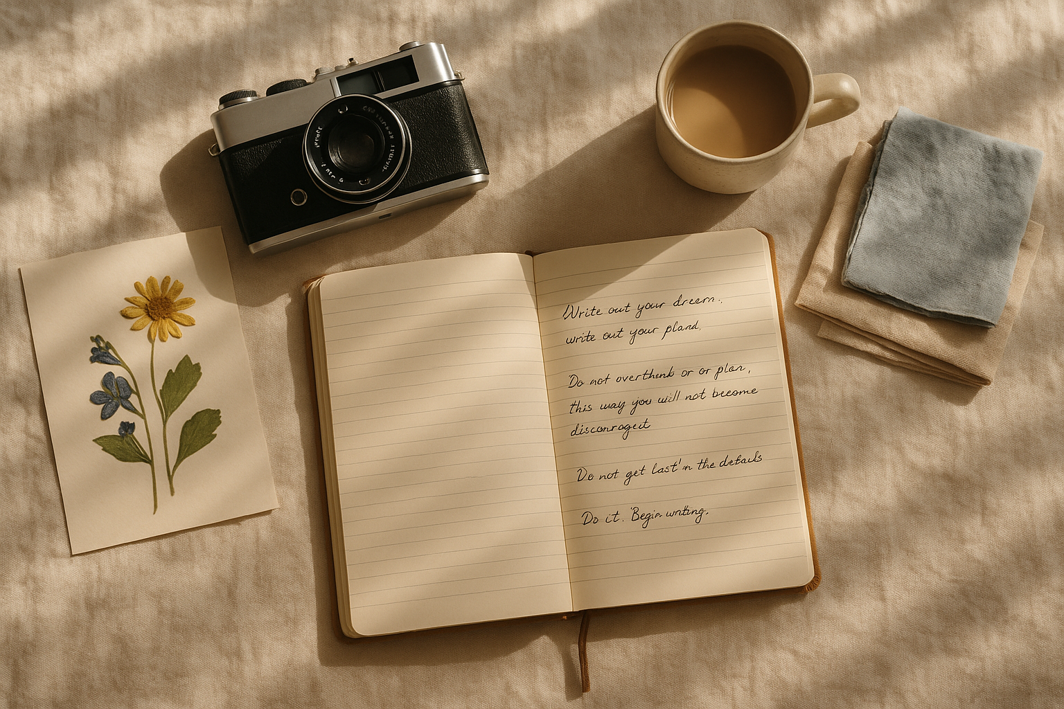 Flatlay mit Tagebuch, Vintage-Kamera und Sommerblumen