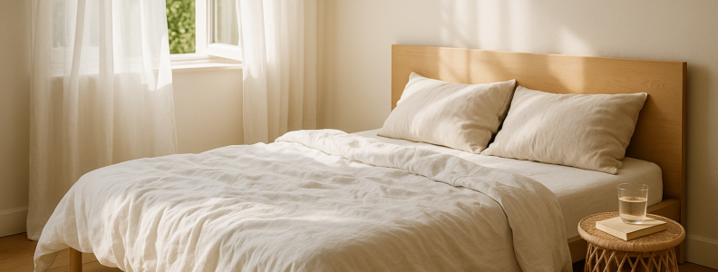 Helles minimalistisches Schlafzimmer mit Leinenbettwäsche und Leinenvorhängen