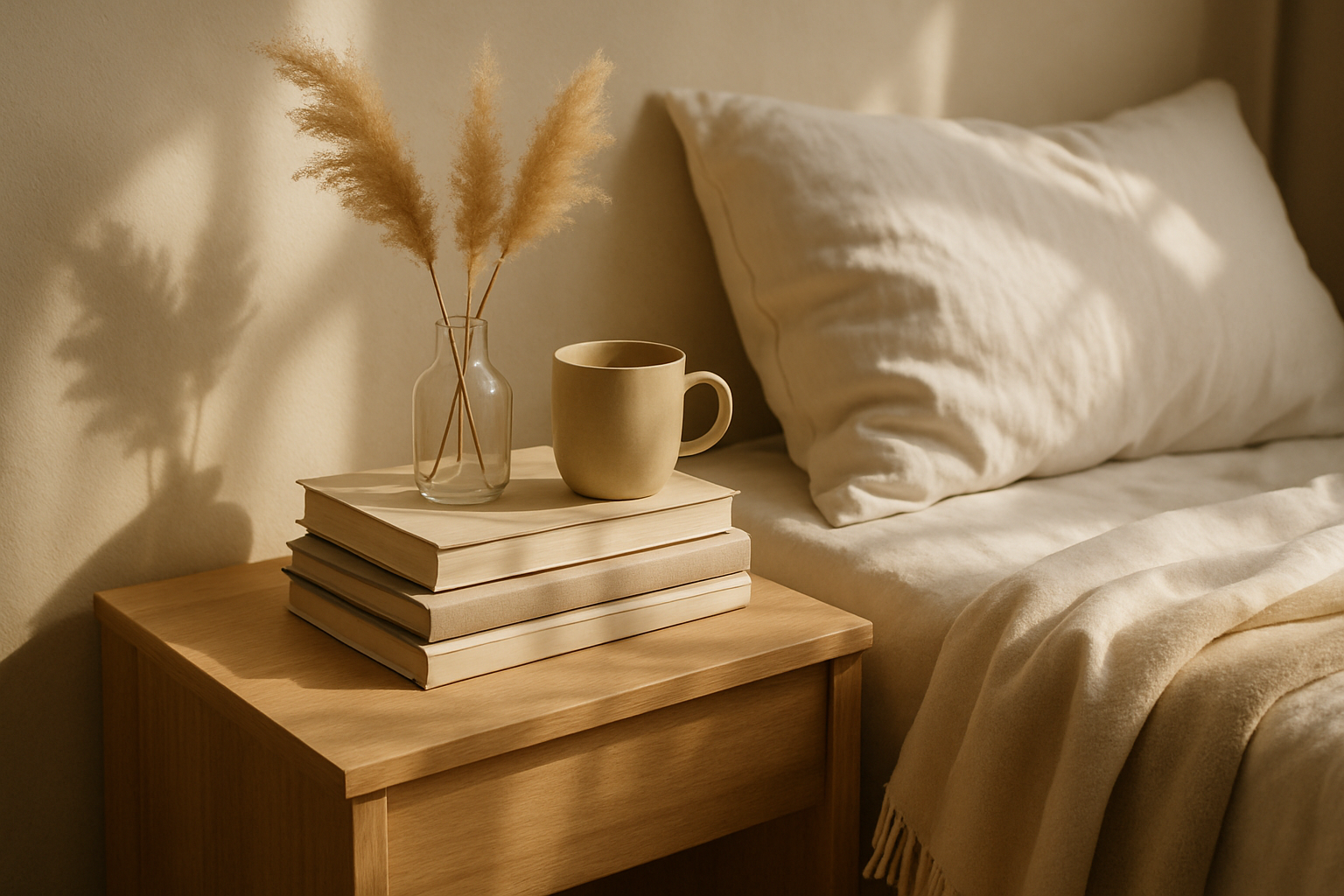 Nachttisch mit Bücherstapel, Vase mit Pampasgras und einer Tasse