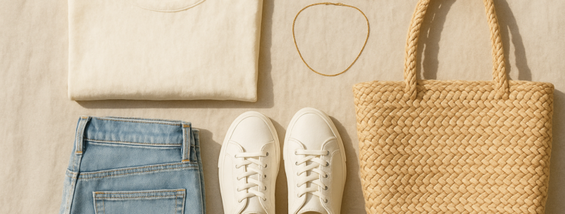 Flat-Lay mit Leinenshirt, Jeans, Sneakern, Strohtasche und Sonnenbrille