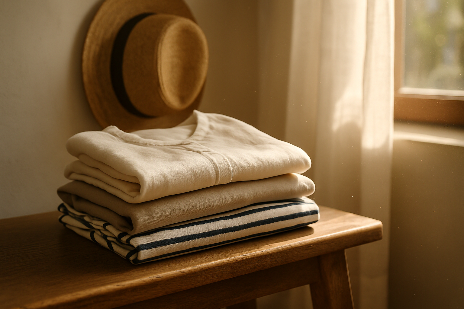 Stapel aus Leinenbluse, Hose und Streifenshirt auf einer Holzbank