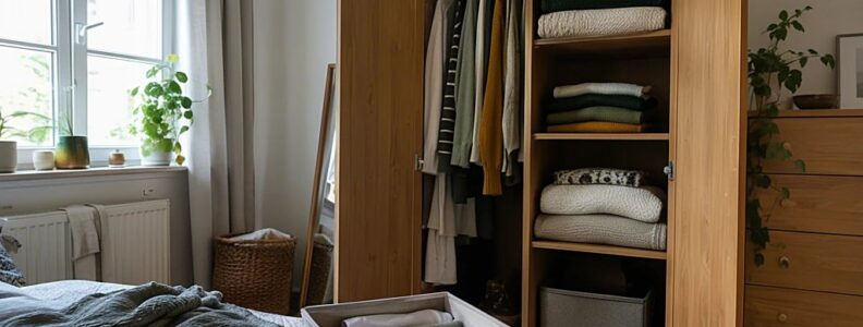 Offener Kleiderschrank mit gefalteten Strickpullovern und einer Aufbewahrungsbox mit Sommerkleidung auf dem Bett